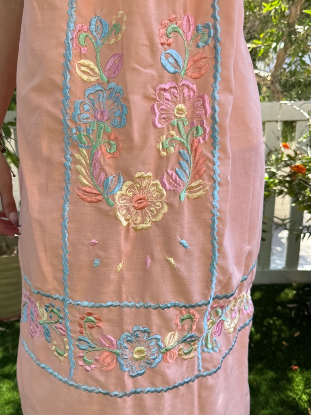 Peach Embroidered Cotton blend Mexican muumuu Midi Dress - Picture 5 of 9